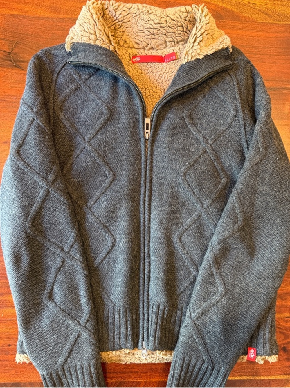 Esprit Charcoal Quilted Knit Sweater Jacket with Cream Sherpa Collar
